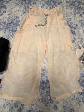 Anthropologie Light Pink Wide-Leg Linen Blend Capris lilka